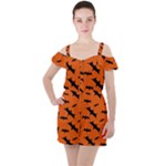 Halloween Card With Bats Flying Pattern Ruffle Cut Out Chiffon Playsuit