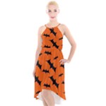 Halloween Card With Bats Flying Pattern High-Low Halter Chiffon Dress 