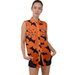 Halloween Card With Bats Flying Pattern Sleeveless Chiffon Button Shirt