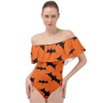 Halloween Card With Bats Flying Pattern Off Shoulder Velour Bodysuit 