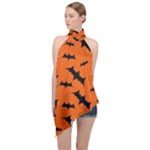 Halloween Card With Bats Flying Pattern Halter Asymmetric Satin Top