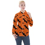 Halloween Card With Bats Flying Pattern Women s Long Sleeve Pocket Shirt