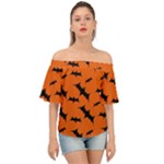 Halloween Card With Bats Flying Pattern Off Shoulder Short Sleeve Top