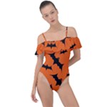 Halloween Card With Bats Flying Pattern Frill Detail One Piece Swimsuit