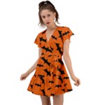 Halloween Card With Bats Flying Pattern Flutter Sleeve Wrap Dress