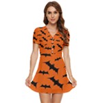 Halloween Card With Bats Flying Pattern V-Neck High Waist Chiffon Mini Dress