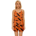 Halloween Card With Bats Flying Pattern V-Neck Satin Pajamas Set