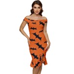 Halloween Card With Bats Flying Pattern Off Shoulder Ruffle Split Hem Bodycon Dress