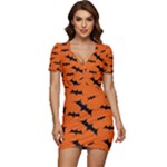 Halloween Card With Bats Flying Pattern Low Cut Cap Sleeve Mini Dress