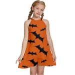 Halloween Card With Bats Flying Pattern Kids  Halter Collar Waist Tie Chiffon Dress