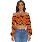 Halloween Card With Bats Flying Pattern Long Sleeve Crinkled Weave Crop Top
