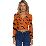 Halloween Card With Bats Flying Pattern Long Sleeve V-Neck Top
