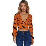Halloween Card With Bats Flying Pattern Long Sleeve Deep-V Velour Top