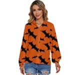 Halloween Card With Bats Flying Pattern Women s Long Sleeve Button Up Shirt