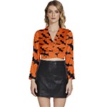 Halloween Card With Bats Flying Pattern Long Sleeve Tie Back Satin Wrap Top