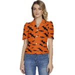 Halloween Card With Bats Flying Pattern Puffed Short Sleeve Button Up Jacket