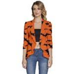 Halloween Card With Bats Flying Pattern Women s 3/4 Sleeve Ruffle Edge Open Front Jacket