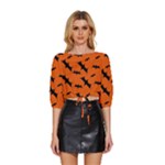 Halloween Card With Bats Flying Pattern Mid Sleeve Drawstring Hem Top
