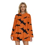Halloween Card With Bats Flying Pattern Round Neck Long Sleeve Bohemian Style Chiffon Mini Dress