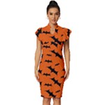 Halloween Card With Bats Flying Pattern Vintage Frill Sleeve V-Neck Bodycon Dress