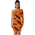 Halloween Card With Bats Flying Pattern Long Sleeve One Shoulder Mini Dress