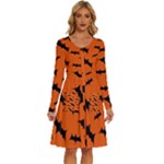 Halloween Card With Bats Flying Pattern Long Sleeve Dress With Pocket