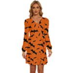 Halloween Card With Bats Flying Pattern Long Sleeve Waist Tie Ruffle Velvet Dress