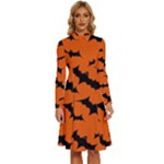 Halloween Card With Bats Flying Pattern Long Sleeve Shirt Collar A-Line Dress