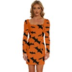 Halloween Card With Bats Flying Pattern Long Sleeve Square Neck Bodycon Velvet Dress