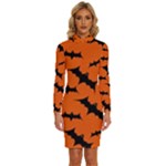 Halloween Card With Bats Flying Pattern Long Sleeve Shirt Collar Bodycon Dress