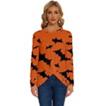 Halloween Card With Bats Flying Pattern Long Sleeve Crew Neck Pullover Top