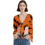 Halloween Card With Bats Flying Pattern Trumpet Sleeve Cropped Top