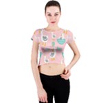Cute Owl Doodles With Moon Star Seamless Pattern Crew Neck Crop Top