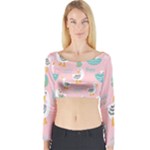 Cute Owl Doodles With Moon Star Seamless Pattern Long Sleeve Crop Top