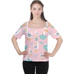 Cute Owl Doodles With Moon Star Seamless Pattern Cutout Shoulder T-Shirt