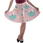 Cute Owl Doodles With Moon Star Seamless Pattern A-line Skater Skirt