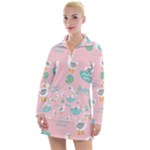 Cute Owl Doodles With Moon Star Seamless Pattern Women s Long Sleeve Casual Dress