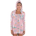 Cute Owl Doodles With Moon Star Seamless Pattern Long Sleeve Hooded T-shirt