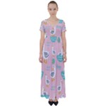 Cute Owl Doodles With Moon Star Seamless Pattern High Waist Short Sleeve Maxi Dress