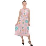 Cute Owl Doodles With Moon Star Seamless Pattern Midi Tie-Back Chiffon Dress