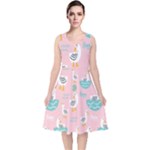 Cute Owl Doodles With Moon Star Seamless Pattern V-Neck Midi Sleeveless Dress 
