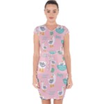 Cute Owl Doodles With Moon Star Seamless Pattern Capsleeve Drawstring Dress 