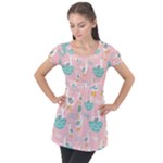 Cute Owl Doodles With Moon Star Seamless Pattern Puff Sleeve Tunic Top