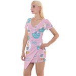 Cute Owl Doodles With Moon Star Seamless Pattern Short Sleeve Asymmetric Mini Dress