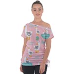 Cute Owl Doodles With Moon Star Seamless Pattern Off Shoulder Tie-Up T-Shirt