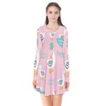 Cute Owl Doodles With Moon Star Seamless Pattern Long Sleeve V-neck Flare Dress