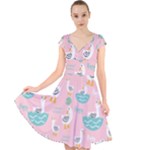 Cute Owl Doodles With Moon Star Seamless Pattern Cap Sleeve Front Wrap Midi Dress