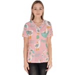 Cute Owl Doodles With Moon Star Seamless Pattern Women s V-Neck Scrub Top