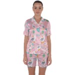 Cute Owl Doodles With Moon Star Seamless Pattern Satin Short Sleeve Pajamas Set