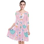 Cute Owl Doodles With Moon Star Seamless Pattern Quarter Sleeve Waist Band Dress
